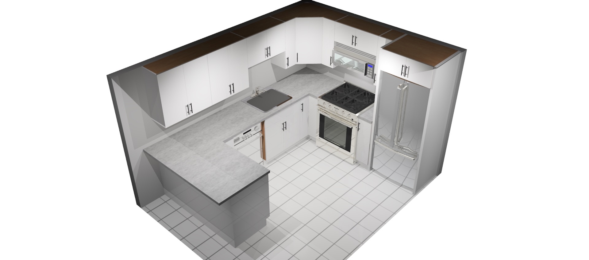 3D design rendering of new white shaker kitchen layout for Ocean County NJ remodel